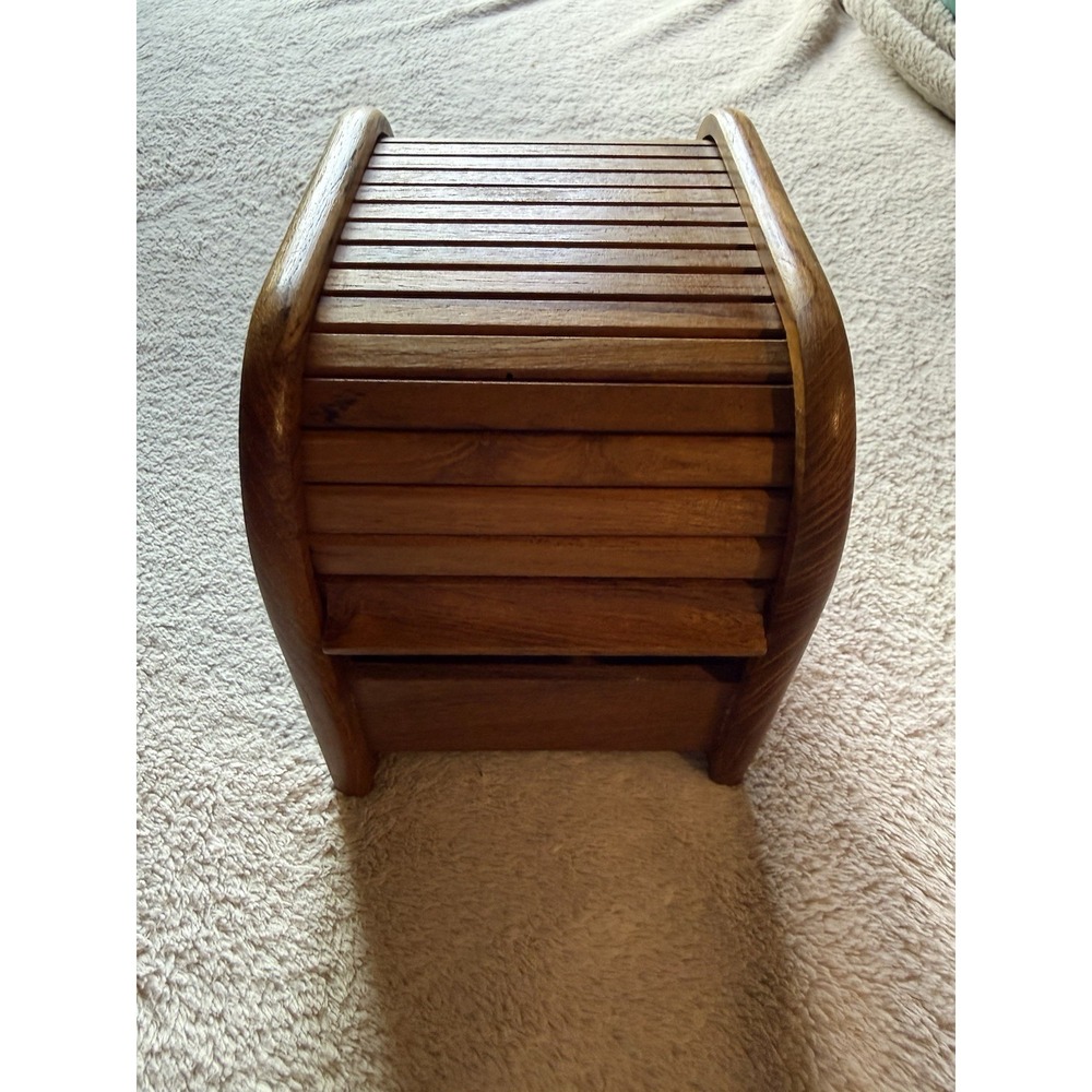 Vintage Mid-Century Teak Tambour Roll Top Storage Box Desk Organizer 4.5"